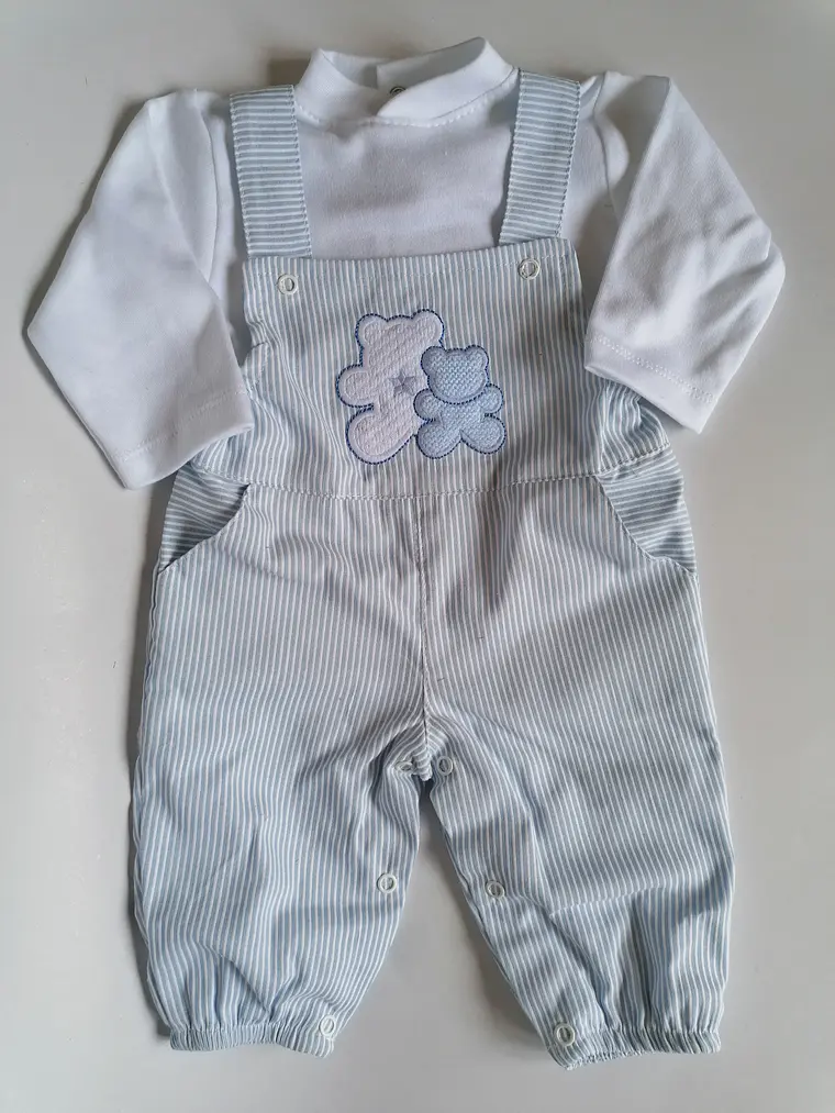 Jardineira Bebé 3 Meses Azul Riscas com Camisola Branca e Ursinhos 3