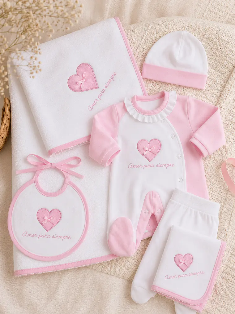 Conjunto Primeira Roupinha Bebé “Amor Para Sempre” em Algodão com Toalha e Fralda 1
