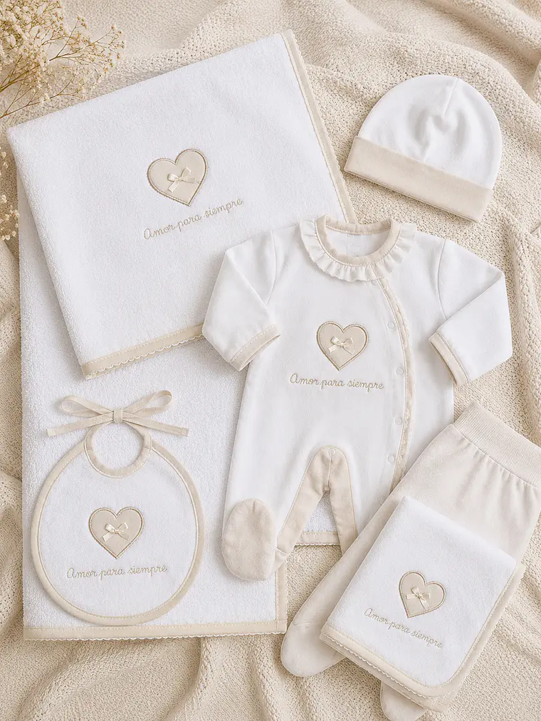 Conjunto Primeira Roupinha Bebé “Amor Para Sempre” em Algodão com Toalha e Fralda 1