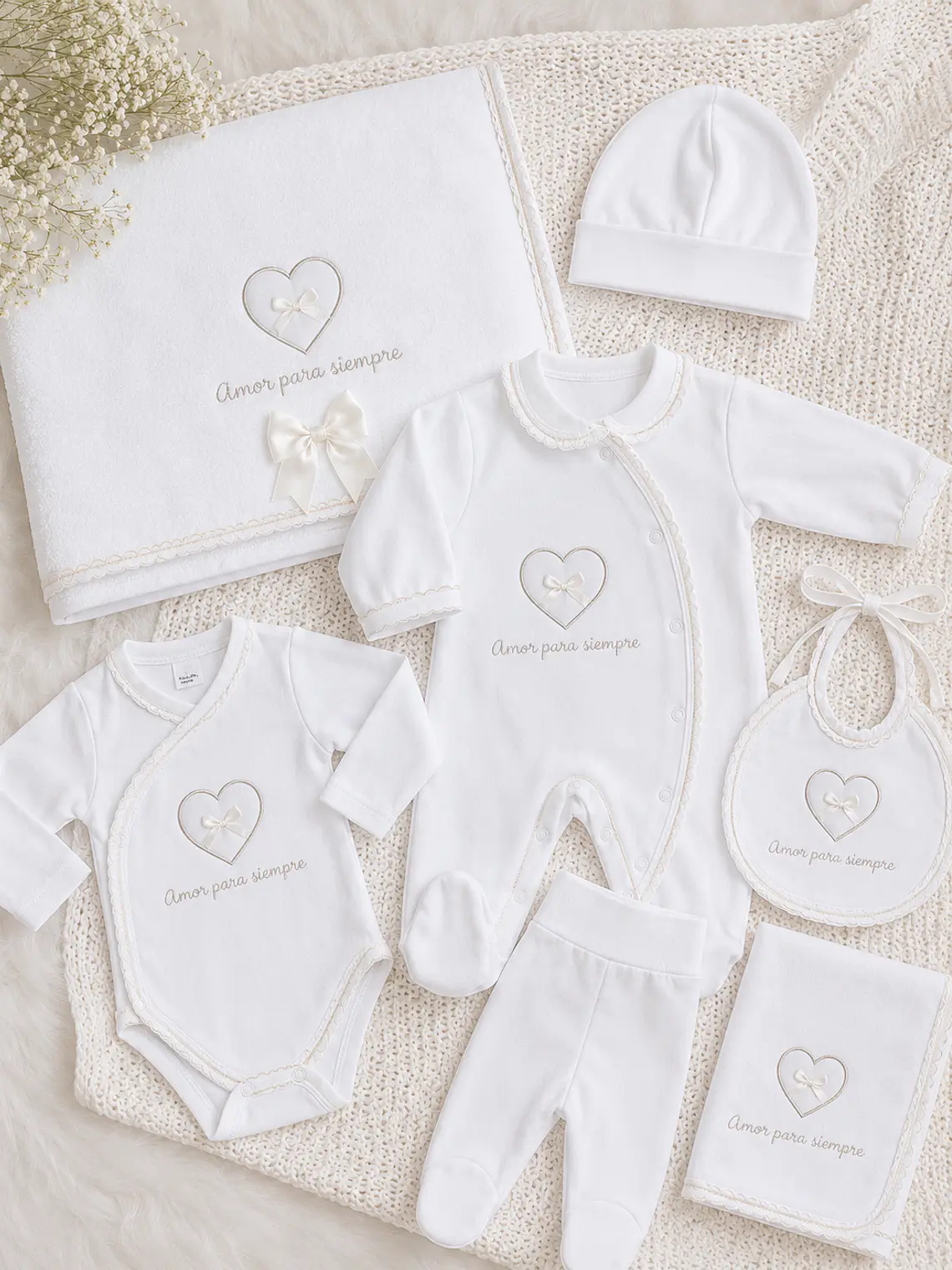 Conjunto Primeira Roupinha Bebé “Amor Para Sempre” em Algodão com Toalha e Fralda 1