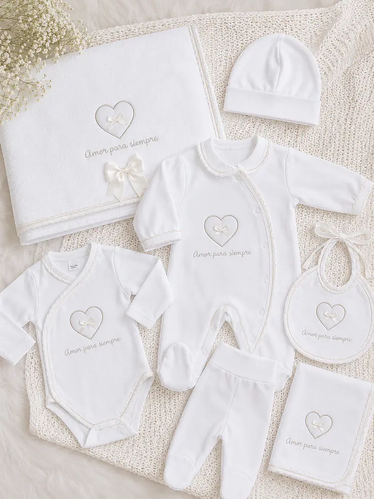 Conjunto Primeira Roupinha Bebé “Amor Para Sempre” em Algodão com Toalha e Fralda 1