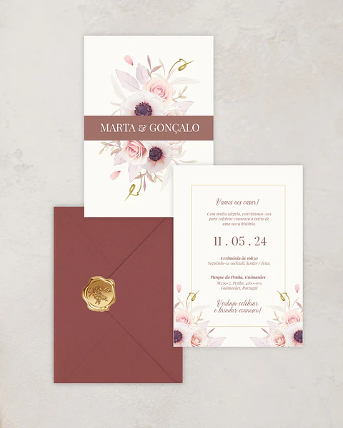 Pack Convite de Casamento - Floral Bordô e Bege - A5 