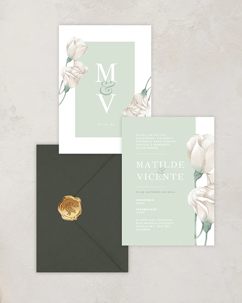 Pack Convite de Casamento - Rosas Verde e Branco - A5