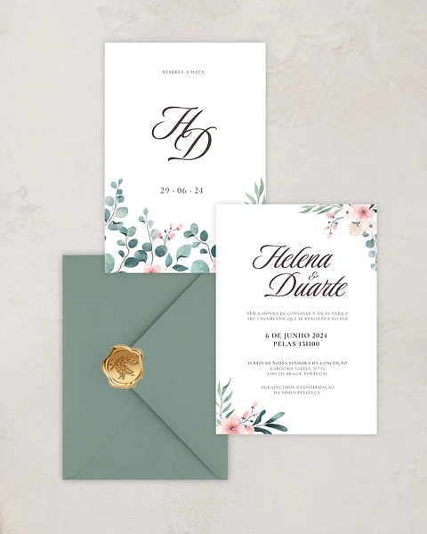 Pack Convite de Casamento - Floral Verde e Rosa - A5