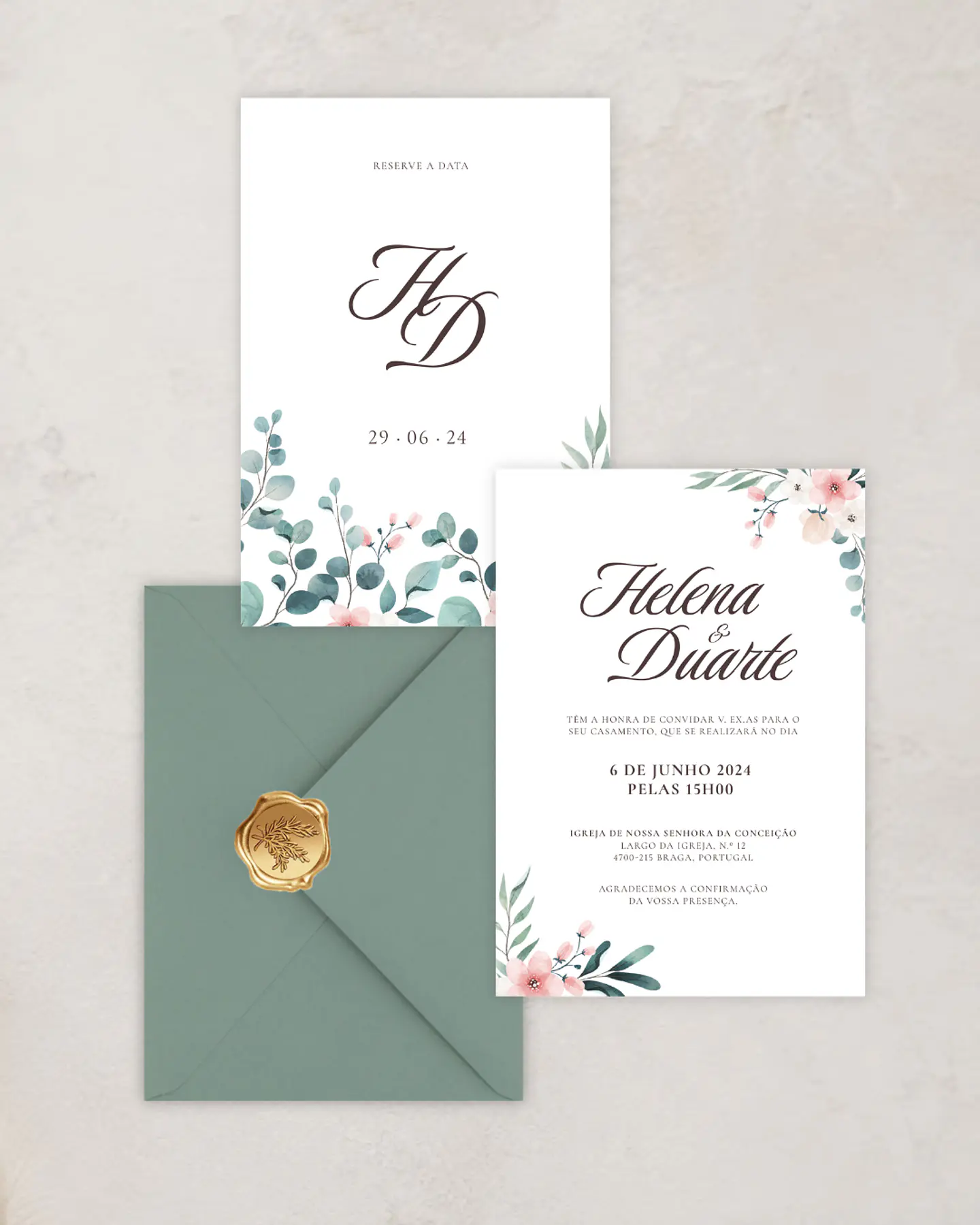 Pack Convite de Casamento - Floral Verde e Rosa - A5 1
