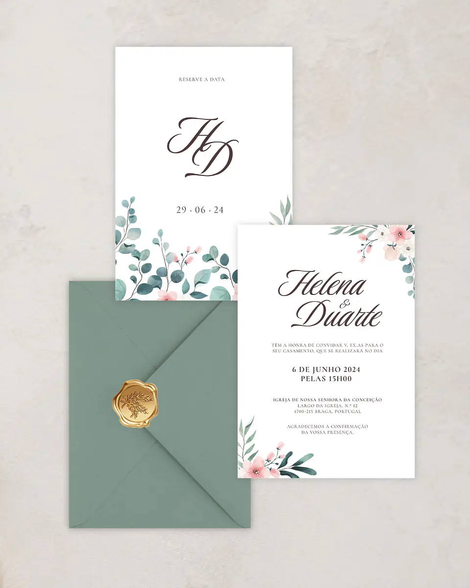 Pack Convite de Casamento - Floral Verde e Rosa - A5 1