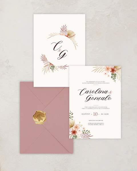 Pack Convite de Casamento - Floral Rosa e Bege - A5