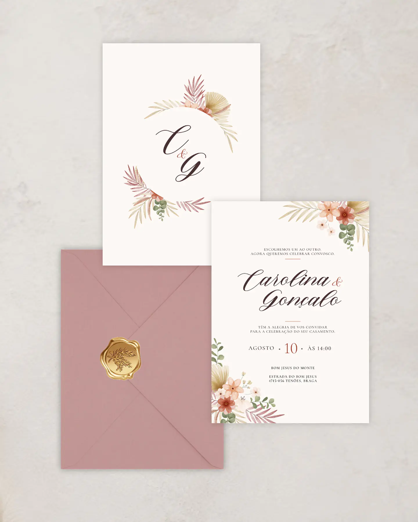 Pack Convite de Casamento - Floral Rosa e Bege - A5 1