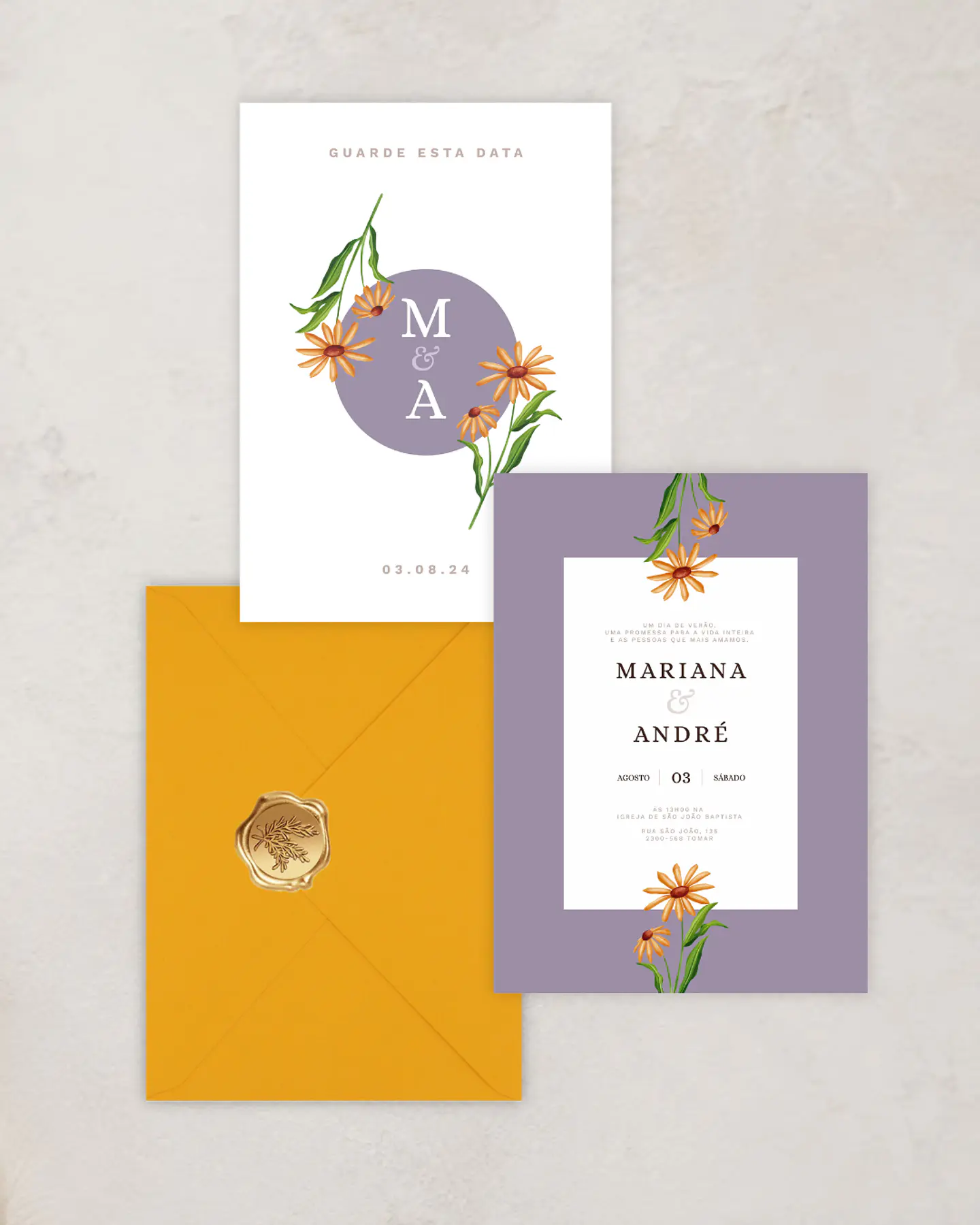 Pack Convite de Casamento - Floral Roxo e Amarelo - A5  1