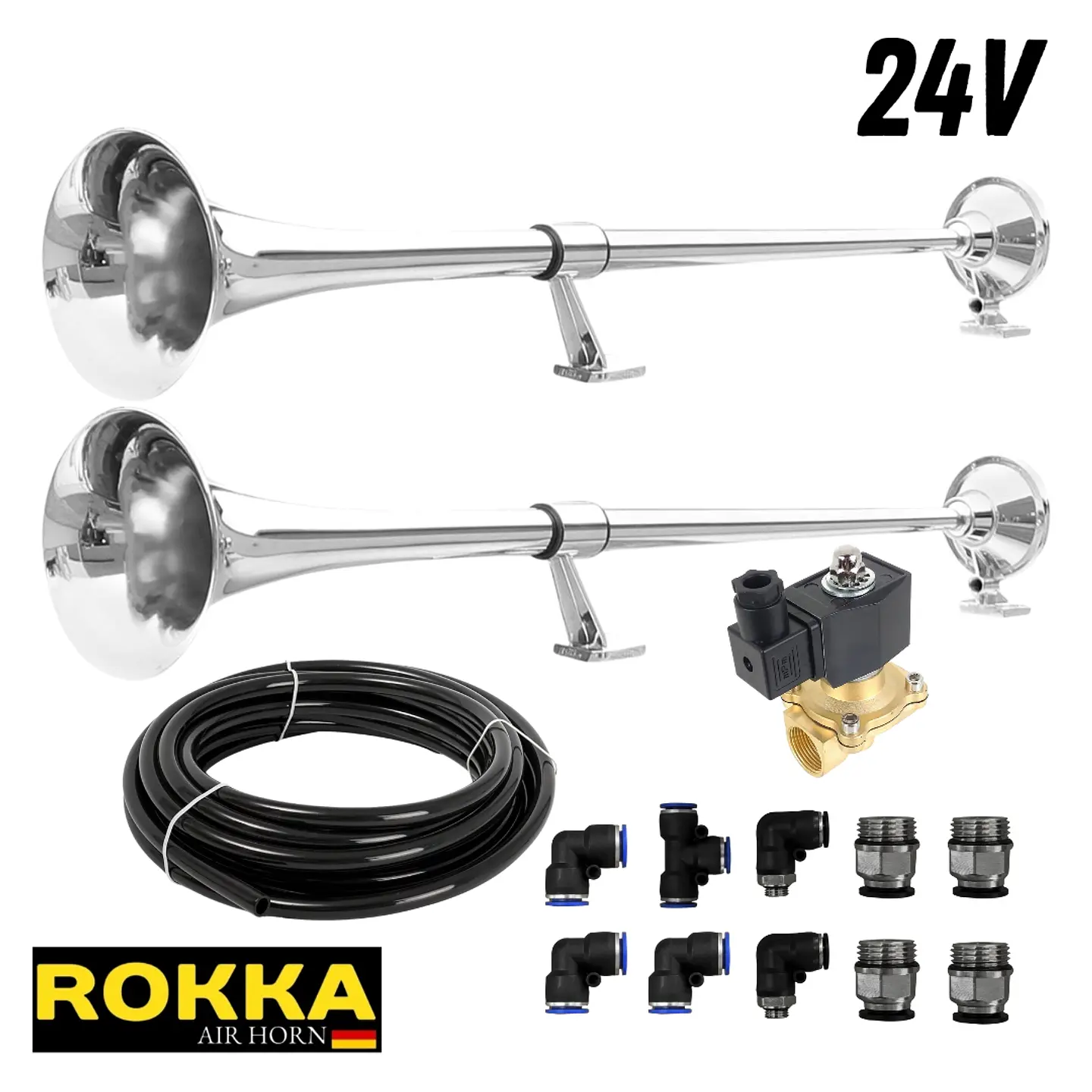 Kit 2 Bocinas Marítimas De 1 Metro Con Válvula De 1/2 En 24v + Kit De Instalación  1