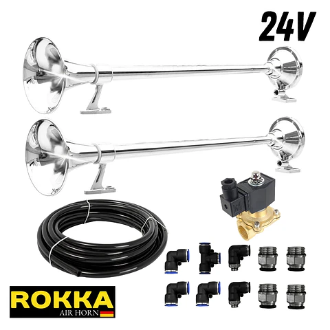 Kit 2 Bocinas Marítimas De 70cm Con Válvula De 1/2 En 24v + Kit De Instalación 