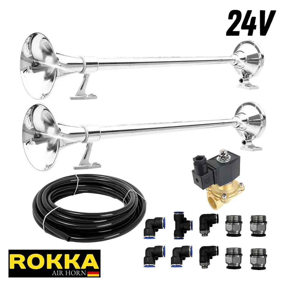 Kit 2 Bocinas Marítimas De 70cm Con Válvula De 1/2 En 24v + Kit De Instalación  1