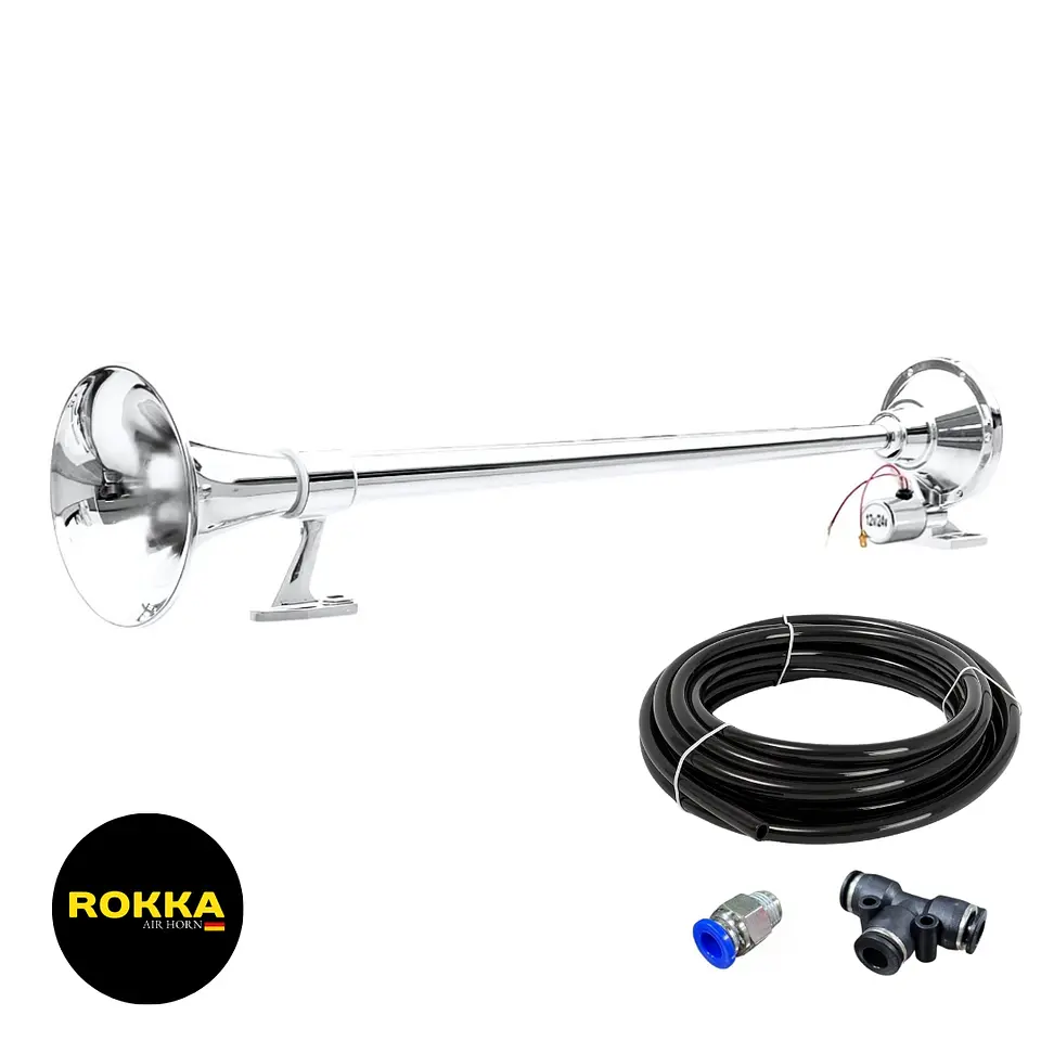 Bocina De Aire Modelo Marítima 70cm 1 Cañon redonda 12v/24v (Con Tecalán y Acoples) 1