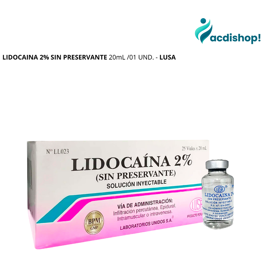 LIDOCAINA 2% SIN PRESERVANTE 20mL /01 UND. - LUSA 1