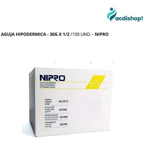 AGUJA HIPODERMICA - 30G X 1/2 /100 UND. - NIPRO
