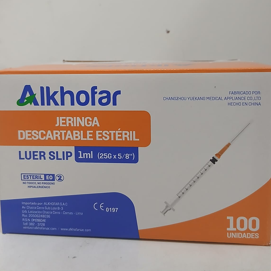 JERINGA ESTÉRIL 1ML (AGUJA 25G X 5/8) X 100 UND. - ALKHOFAR 2