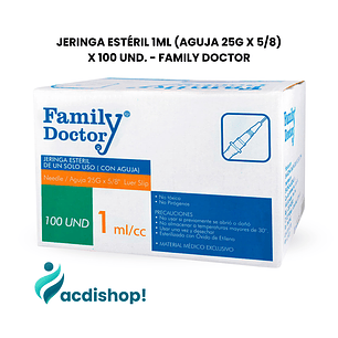 JERINGA ESTÉRIL 1ML (AGUJA 25G X 5/8) X 100 UND. - FAMILY DOCTOR