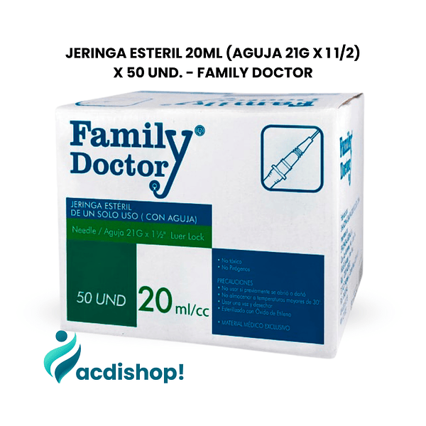JERINGA ESTERIL 20ML (AGUJA 21G X 1 1/2) X 50 UND. - FAMILY DOCTOR 1