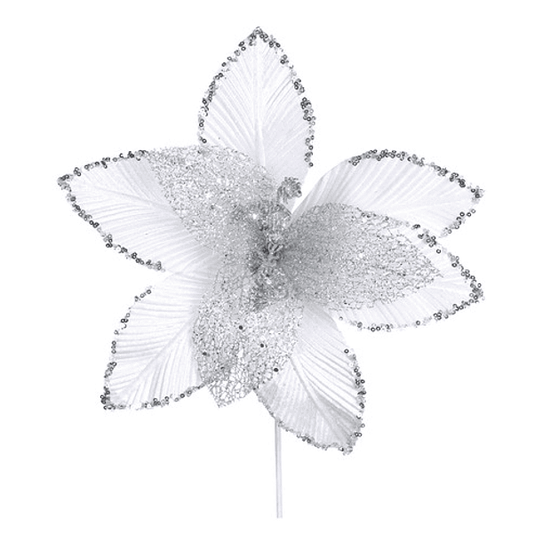 Flor Navideña Artificial Plateada De 35 Cm 