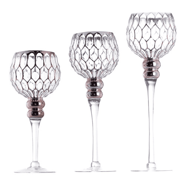 Juego De 3 Copas Portavelas Rombos Oro Rosa 