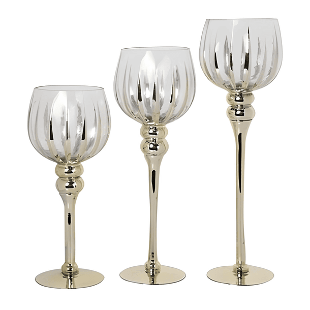 Juego De 3 Copas Portavelas Líneas Y Base Dorada X 3 Pz 