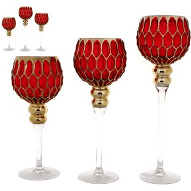 Portavelas Rojo Acabado Hexagonal Dorado X 3 Piezas 