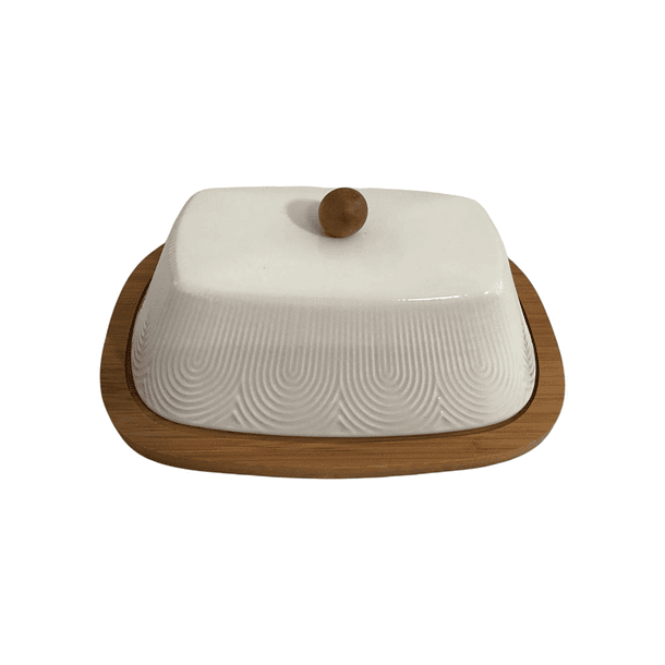 Juego Mantequillera Cerámica Blanca Base Madera  