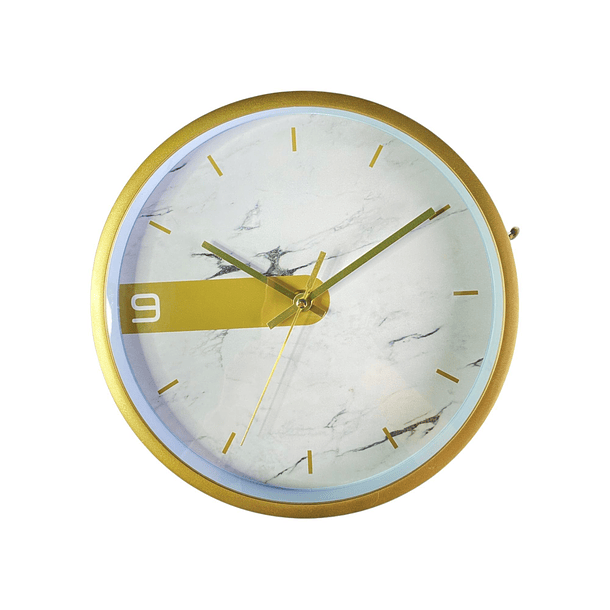 Reloj De Pared fondo Blanco Marmolizado Borde Dorado 1 Numero (9) A Batería AA 24.6X3.9  1