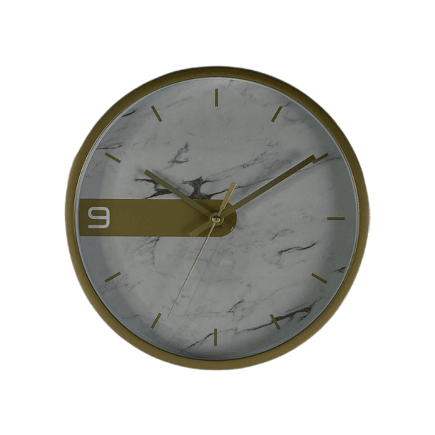 Reloj De Pared fondo Blanco Marmolizado Borde Dorado 1 Numero (9) A Batería AA 24.6X3.9  3