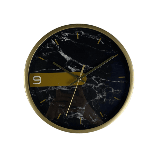 Reloj De Pared Fondo Negro Marmolizado Borde Dorado 1 Numero (9) A Batería AA 24.6 X 3.9 1