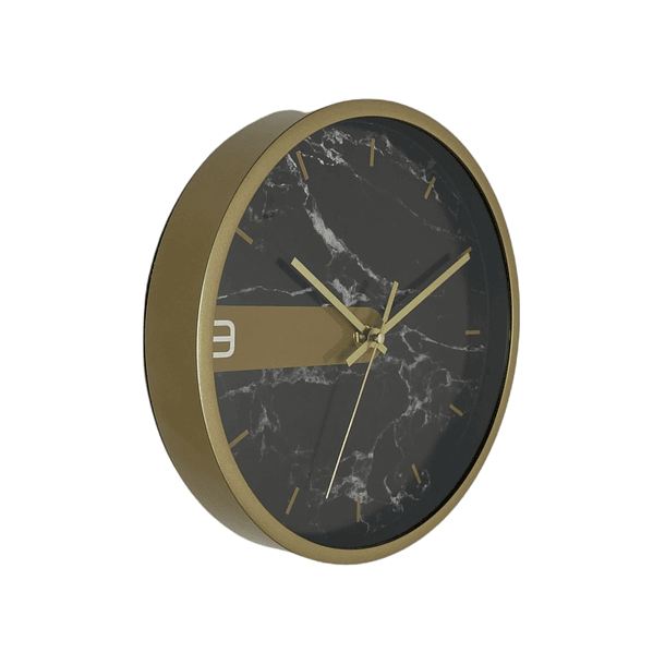 Reloj De Pared Fondo Negro Marmolizado Borde Dorado 1 Numero (9) A Batería AA 24.6 X 3.9 4
