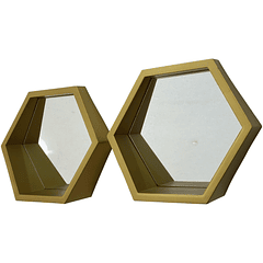 Juego Repisa Hexagonal Dorado Con Espejo 2Pz 12 X 26 X 22.5 Cm 