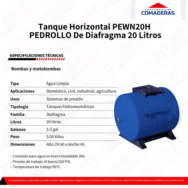 Tanque Diafragma Horizontal 20 litros Pedrollo  2