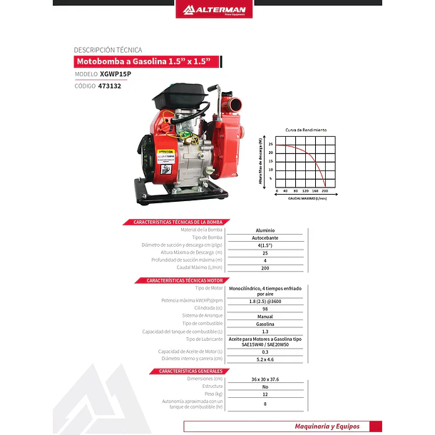 Motobomba a Gasolina 1.5” x 1.5” modelo XGWP15P Alterman 6
