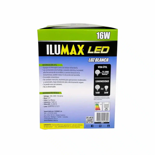 Bombillo LED Globo 16W Luz Blanca E27 Ilumax 4