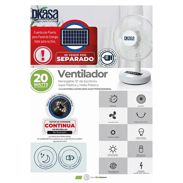 Ventilador Premium Recargable Escritorio RD-8512 12
