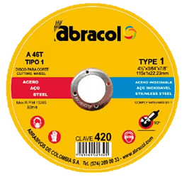 Disco Corte Metal 4 1/2 x 3/64 Abracol 