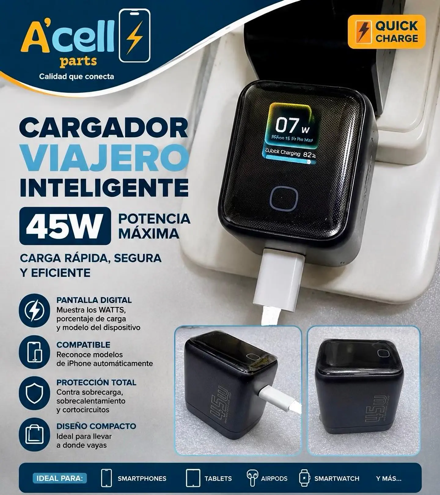 cargador GaN 45W USB-C con pantalla inteligente/carga rápida 4