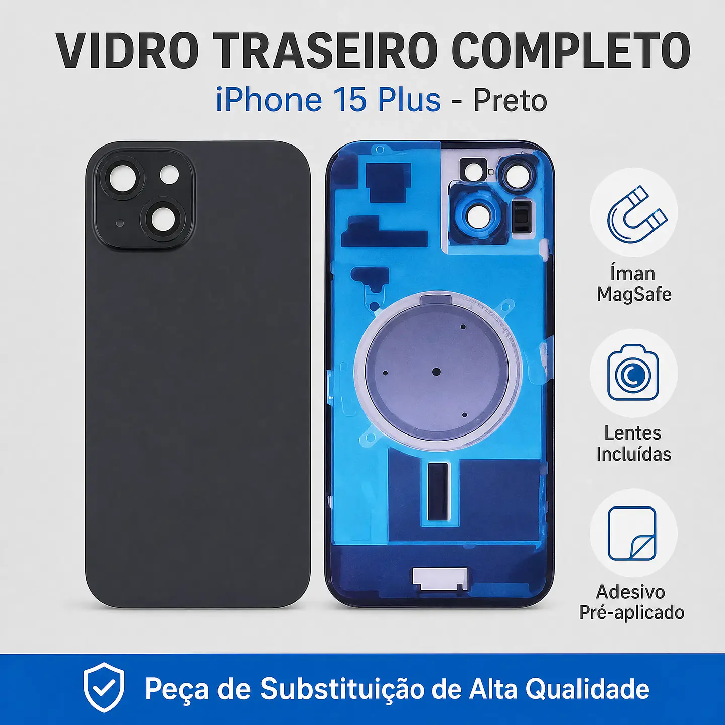 Vidro Traseiro iPhone 15 Plus Preto Completo | Iman e Lentes 1