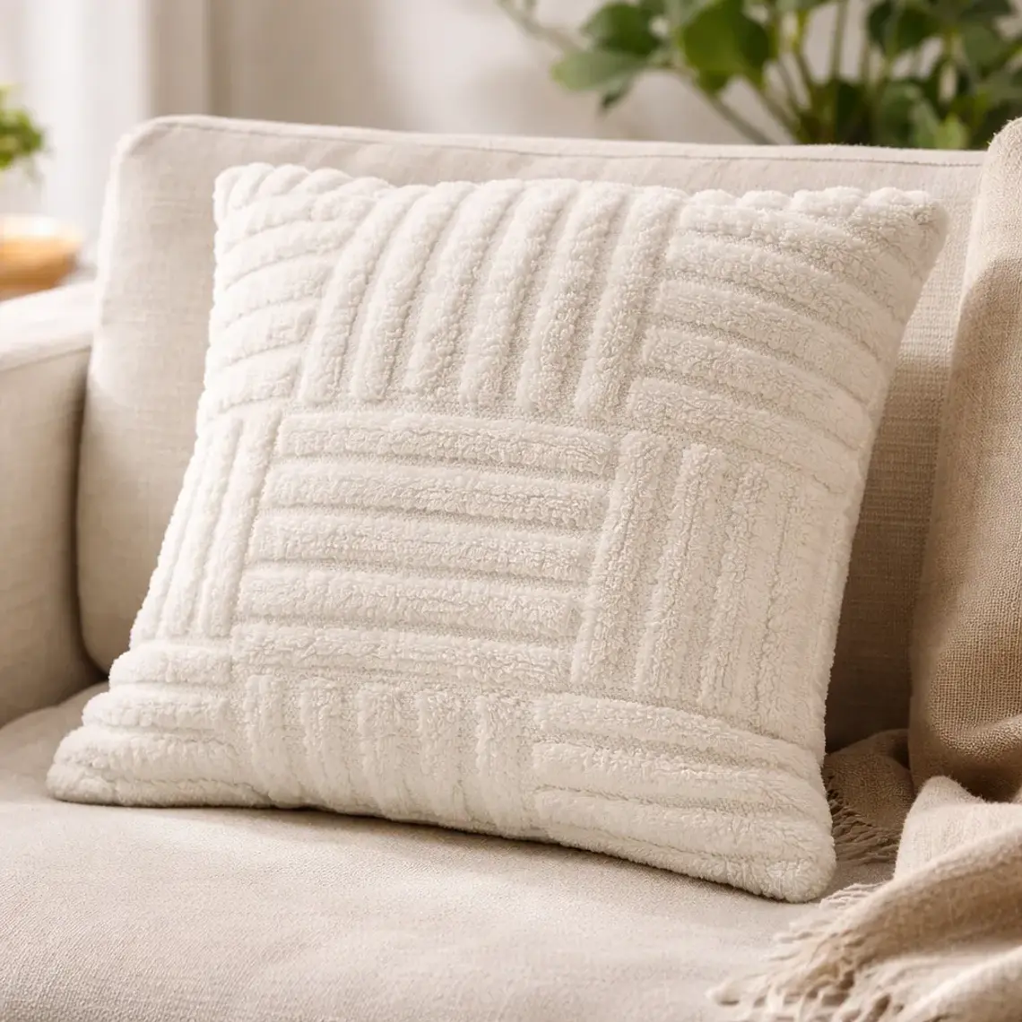 Funda de Cojín 45x45cm Con Relieve Geometrico Beige Suave Para Sofas 1