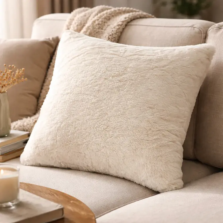 Funda de Cojín 45x45cm Con Relieve Peludo Marfil Suave Para Sofas 2