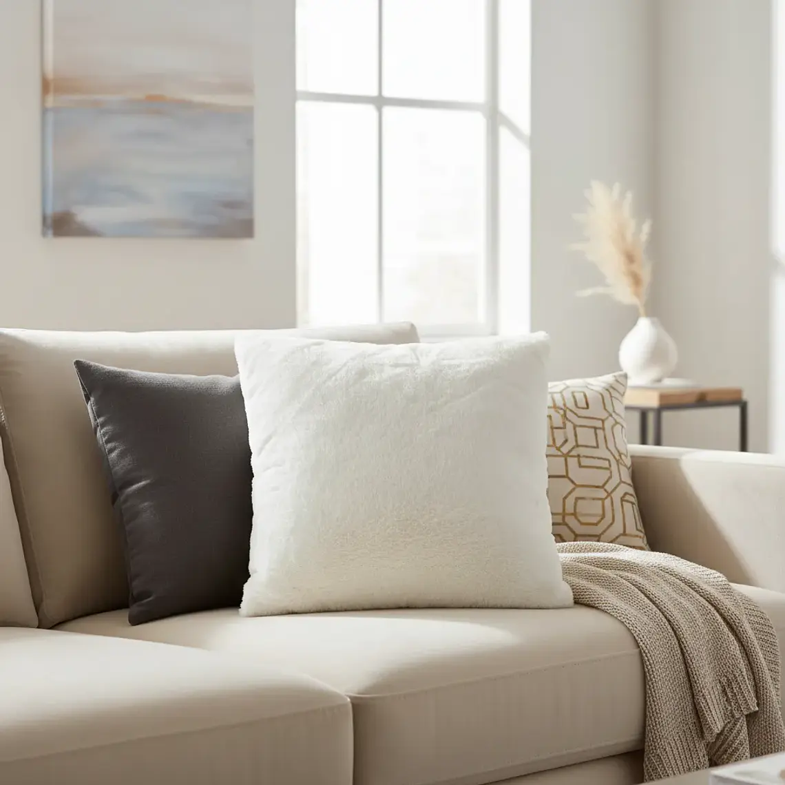 Cojín Con Relleno 45x45cm Con Relieve Peludo Marfil Suave Para Sofas 4