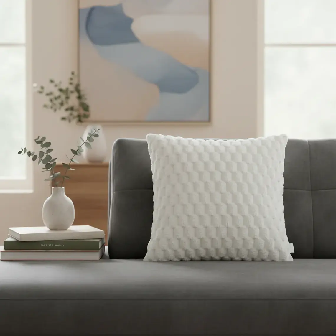 Cojín Con Relleno 45x45cm Con Relieve Cuadriculado Beige Suave Para Sofas 4