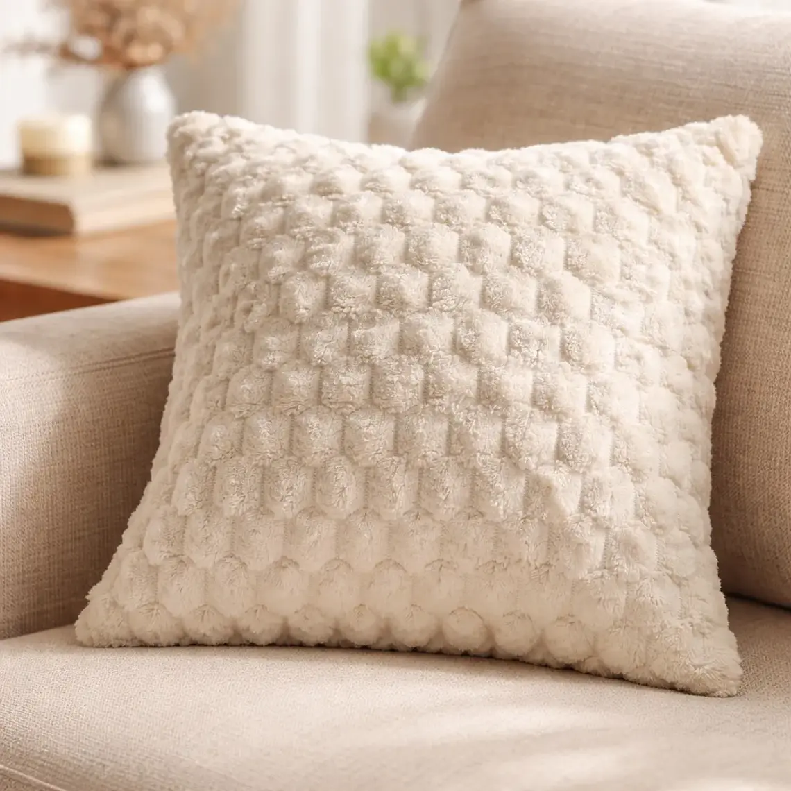 Cojín Con Relleno 45x45cm Con Relieve Cuadriculado Beige Suave Para Sofas 1