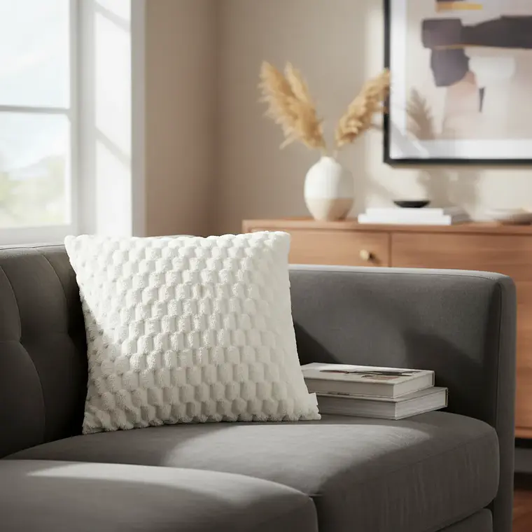 Funda de Cojín 45x45cm Con Relieve Cuadriculado Beige Suave Para Sofas 2