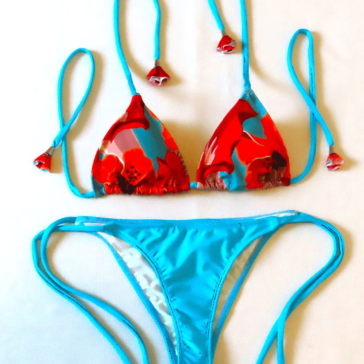 Traje de Baño Bikini mod. CHOCOLATE Top Triángulo y Bottoms con tiras - Azul Claro 2