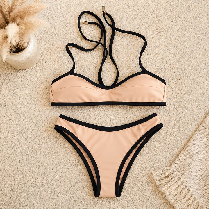 Bikini  ODESSA en color BEIGE  con ribetes negros    2