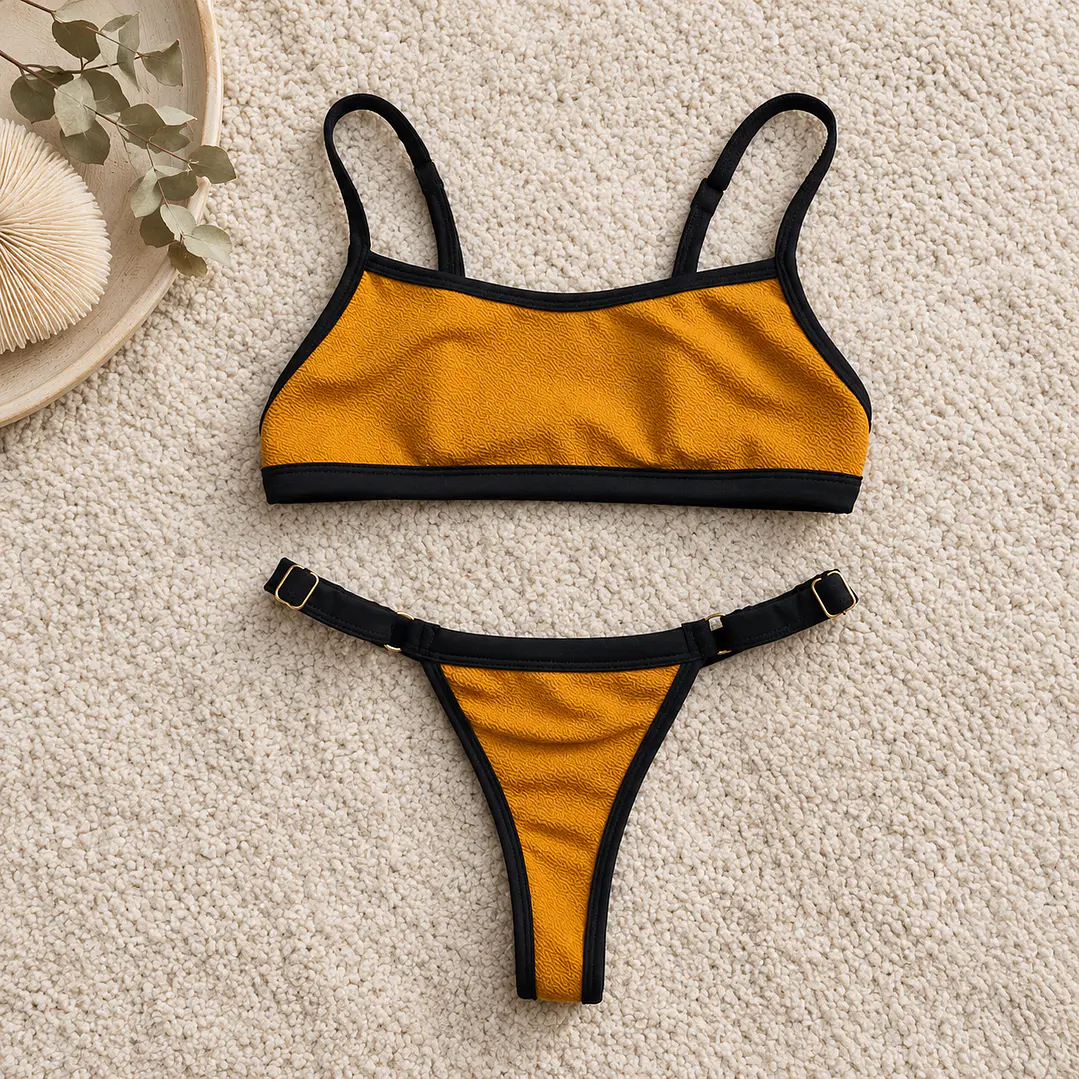 Bikini  ZOE Mostaza y Negro, bottoms  tipo colaless regulable 2
