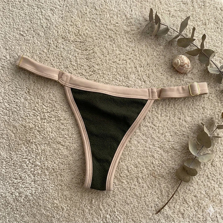 Bikini  ZOE Verde Musgo y Beige, bottoms  tipo colaless regulable 6