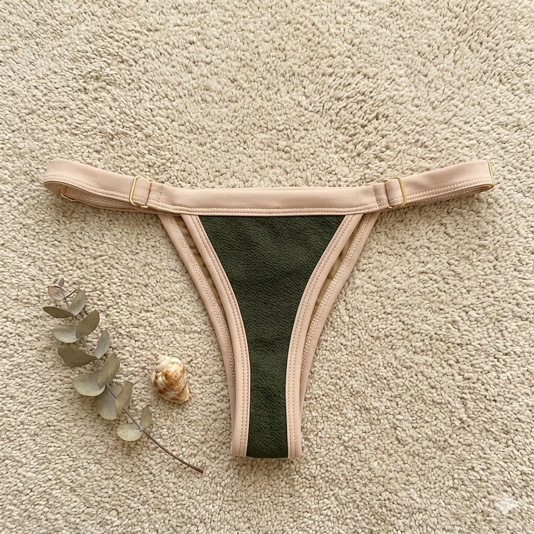 Bikini  ZOE Verde Musgo y Beige, bottoms  tipo colaless regulable 7